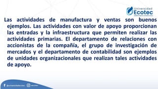 Las actividades de manufactura y ventas son buenos
ejemplos. Las actividades con valor de apoyo proporcionan
las entradas y la infraestructura que permiten realizar las
actividades primarias. El departamento de relaciones con
accionistas de la compañía, el grupo de investigación de
mercados y el departamento de contabilidad son ejemplos
de unidades organizacionales que realizan tales actividades
de apoyo.
 
