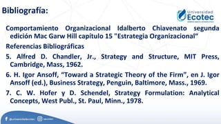 Bibliografía:
Comportamiento Organizacional Idalberto Chiavenato segunda
edición Mac Garw Hill capítulo 15 "Estrategia Organizacional“
Referencias Bibliográficas
5. Alfred D. Chandler, Jr., Strategy and Structure, MIT Press,
Cambridge, Mass, 1962.
6. H. Igor Ansoff, “Toward a Strategic Theory of the Firm”, en J. Igor
Ansoff (ed.), Business Strategy, Penguin, Baltimore, Mass., 1969.
7. C. W. Hofer y D. Schendel, Strategy Formulation: Analytical
Concepts, West Publ., St. Paul, Minn., 1978.
 