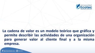 La cadena de valor es un modelo teórico que gráfica y
permite describir las actividades de una organización
para generar valor al cliente final y a la misma
empresa.
 