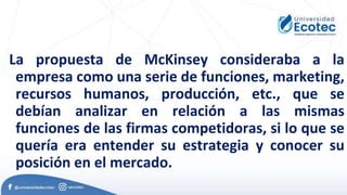 La propuesta de McKinsey consideraba a la
empresa como una serie de funciones, marketing,
recursos humanos, producción, etc., que se
debían analizar en relación a las mismas
funciones de las firmas competidoras, si lo que se
quería era entender su estrategia y conocer su
posición en el mercado.
 