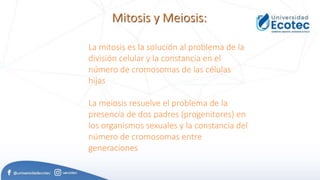 Mitosis y Meiosis:
La mitosis es la solución al problema de la
división celular y la constancia en el
número de cromosomas de las células
hijas
La meiosis resuelve el problema de la
presencia de dos padres (progenitores) en
los organismos sexuales y la constancia del
número de cromosomas entre
generaciones
 