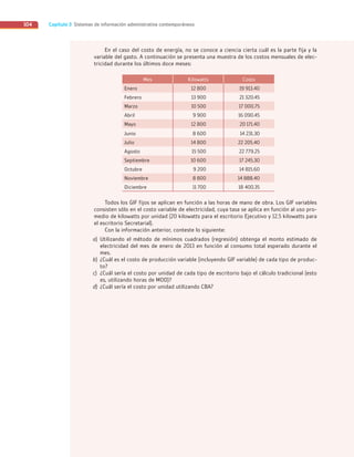 Capítulo 3 Sistemas de información administrativa contemporáneos
104
En el caso del costo de energía, no se conoce a ciencia cierta cuál es la parte fija y la
variable del gasto. A continuación se presenta una muestra de los costos mensuales de elec-
tricidad durante los últimos doce meses:
Mes Kilowatts Costo
Enero 12 800 19 913.40
Febrero 13 900 21 320.45
Marzo 10 500 17 000.75
Abril 9 900 16 090.45
Mayo 12 800 20 171.40
Junio 8 600 14 231.30
Julio 14 800 22 205.40
Agosto 15 500 22 779.25
Septiembre 10 600 17 245.30
Octubre 9 200 14 815.60
Noviembre 8 800 14 888.40
Diciembre 11 700 18 400.35
Todos los GIF fijos se aplican en función a las horas de mano de obra. Los GIF variables
consisten sólo en el costo variable de electricidad, cuya tasa se aplica en función al uso pro-
medio de kilowatts por unidad (20 kilowatts para el escritorio Ejecutivo y 12.5 kilowatts para
el escritorio Secretarial).
Con la información anterior, conteste lo siguiente:
a) Utilizando el método de mínimos cuadrados (regresión) obtenga el monto estimado de
electricidad del mes de enero de 2013 en función al consumo total esperado durante el
mes.
b) ¿Cuál es el costo de producción variable (incluyendo GIF variable) de cada tipo de produc-
to?
c) ¿Cuál sería el costo por unidad de cada tipo de escritorio bajo el cálculo tradicional (esto
es, utilizando horas de MOD)?
d) ¿Cuál sería el costo por unidad utilizando CBA?
03_RAMIREZ_03.indd 104
03_RAMIREZ_03.indd 104 26/09/12 12:40
26/09/12 12:40
 