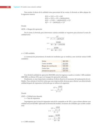 Capítulo 5 El modelo costo-volumen-utilidad
162
Para incluir el efecto de la utilidad como porcentaje de las ventas, la fórmula se debe adaptar de
la siguiente manera:
P(X) = V(X) + CF + UD
P(X) = V(X) + CF + (MO%)(P(X))
P(X) − CV(X) − (MO%)(P(X)) = CF
X(P − V − (MO%)(P)) = CF
Donde:
MO% = Margen de operación
Por lo tanto, la fórmula para determinar cuántas unidades se requieren para alcanzar la meta de
utilidad sería:
CF
P - V - (MO%)(P)
x =
20000
50 - 20 - (35%)(50)
x =
20000
50 - 20 - 17.5
x =
x = 1 600 unidades.
A continuación presentamos el estado de resultados que se tendría a este nivel de ventas (1 600
unidades).
Ventas $80 000
Costos variables $32 000
Margen de contribución $48 000
Costos fijos $20 000
Utilidad de operación $28 000
Si se divide la utilidad de operación ($28 000) entre los ingresos cuando se venden 1 600 unidades
($80 000), se obtiene 35%, que es el margen de operación solicitado.
Finalmente, es muy importante considerar el efecto fiscal en el momento de la planeación de uti-
lidades. Para calcular el nivel de ventas que una empresa debe alcanzar para obtener una determinada
utilidad después de impuestos, la fórmula que se utiliza es la siguiente:
(1 - t)
P - V
x =
CF +
UND
Donde:
UND = Utilidad neta deseada
t = Tasa de impuestos
Supongamos que la tasa de impuestos neta de la compañía es de 35%, y que se desea obtener una
utilidad neta de $26 000. Aplicando la fórmula del modelo, el número de unidades que se debe vender
será:
(1 - t)
P - V
x =
CF +
UND
(1 - .35)
50 - 20
x =
20000 +
26000
x = 2 000 unidades.
05_RAMIREZ_05.indd 162
05_RAMIREZ_05.indd 162 26/09/12 12:43
26/09/12 12:43
 