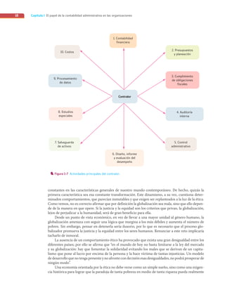 Capítulo I El papel de la contabilidad administrativa en las organizaciones
18
constantes en las características generales de nuestro mundo contemporáneo. De hecho, quizás la
primera característica sea esa constante transformación. Este dinamismo, a su vez, cuestiona deter-
minados comportamientos, que parecían inmutables y que exigen ser replanteados a la luz de la ética.
Como vemos, no es correcto afirmar que por definición la globalización sea mala, sino que ello depen-
de de la manera en que opere. Si la justicia y la equidad son los criterios que privan, la globalización,
lejos de perjudicar a la humanidad, será de gran beneficio para ella.
Desde un punto de vista económico, en vez de llevar a una mayor unidad al género humano, la
globalización amenaza con seguir una lógica que margina a los más débiles y aumenta el número de
pobres. Sin embargo, pensar en detenerla sería ilusorio, por lo que es necesario que el proceso glo-
balizador promueva la justicia y la equidad entre los seres humanos. Renunciar a este reto implicaría
tacharlo de inmoral.
La ausencia de un comportamiento ético ha provocado que exista una gran desigualdad entre los
diferentes países; por ello se afirma que “en el mundo de hoy no basta limitarse a la ley del mercado
y su globalización: hay que fomentar la solidaridad evitando los males que se derivan de un capita-
lismo que pone al lucro por encima de la persona y la hace víctima de tantas injusticias. Un modelo
de desarrollo que no tenga presente y no afronte con decisión esas desigualdades, no podrá prosperar de
ningún modo”.
Una economía orientada por la ética no debe verse como un simple sueño, sino como una exigen-
cia histórica para lograr que la paradoja de tanta pobreza en medio de tanta riqueza pueda realmente
Figura 1-7 Actividades principales del contralor.
7. Salvaguarda
de activos
10. Costos
5. Control
administrativo
1. Contabilidad
financiera
6. Diseño, informe
y evaluación del
desempeño
9. Procesamiento
de datos
2. Presupuestos
y planeación
4. Auditoría
interna
8. Estudios
especiales
3. Cumplimiento
de obligaciones
fiscales
Contralor
01_RAMIREZ_01.indd 18
01_RAMIREZ_01.indd 18 26/09/12 12:36
26/09/12 12:36
 