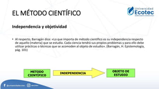 EL MÉTODO CIENTÍFICO
Independencia y objetividad
• Al respecto, Barragán dice: «Lo que importa de método científico es su independencia respecto
de aquello (materia) que se estudia. Cada ciencia tendrá sus propios problemas y para ello debe
utilizar prácticas o técnicas que se acomoden al objeto de estudio». (Barragán, H. Epistemología,
pág. 101)
METODO
CIENTÍFICO
OBJETO DE
ESTUDIO
INDEPENDENCIA
 