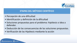 ETAPAS DEL MÉTODO CIENTÍFICO
• Percepción de una dificultad
• Identificación y definición de la dificultad
• Soluciones propuestas para el problema: hipótesis o idea a
defender.
• Deducción de las consecuencias de las soluciones propuestas.
• Verificación de las Hipótesis mediante la acción
 