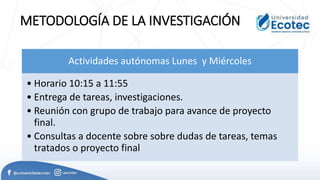METODOLOGÍA DE LA INVESTIGACIÓN
Actividades autónomas Lunes y Miércoles
• Horario 10:15 a 11:55
• Entrega de tareas, investigaciones.
• Reunión con grupo de trabajo para avance de proyecto
final.
• Consultas a docente sobre sobre dudas de tareas, temas
tratados o proyecto final
 