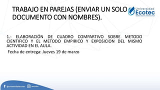 TRABAJO EN PAREJAS (ENVIAR UN SOLO
DOCUMENTO CON NOMBRES).
1.- ELABORACIÓN DE CUADRO COMPARTIVO SOBRE METODO
CIENTIFICO Y EL METODO EMPIRICO Y EXPOSICION DEL MISMO
ACTIVIDAD EN EL AULA.
Fecha de entrega: Jueves 19 de marzo
 