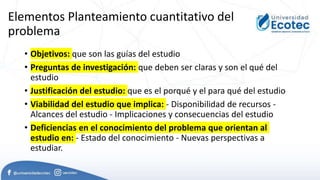 Elementos Planteamiento cuantitativo del
problema
• Objetivos: que son las guías del estudio
• Preguntas de investigación: que deben ser claras y son el qué del
estudio
• Justificación del estudio: que es el porqué y el para qué del estudio
• Viabilidad del estudio que implica: - Disponibilidad de recursos -
Alcances del estudio - Implicaciones y consecuencias del estudio
• Deficiencias en el conocimiento del problema que orientan al
estudio en: - Estado del conocimiento - Nuevas perspectivas a
estudiar.
 