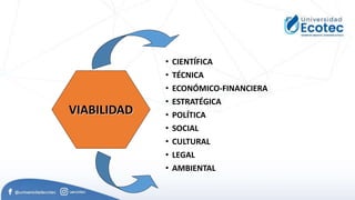 • CIENTÍFICA
• TÉCNICA
• ECONÓMICO-FINANCIERA
• ESTRATÉGICA
• POLÍTICA
• SOCIAL
• CULTURAL
• LEGAL
• AMBIENTAL
VIABILIDAD
 