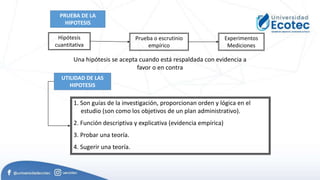 PRUEBA DE LA
HIPOTESIS
Hipótesis
cuantitativa
Prueba o escrutinio
empírico
Experimentos
Mediciones
Una hipótesis se acepta cuando está respaldada con evidencia a
favor o en contra
UTILIDAD DE LAS
HIPOTESIS
1. Son guías de la investigación, proporcionan orden y lógica en el
estudio (son como los objetivos de un plan administrativo).
2. Función descriptiva y explicativa (evidencia empírica)
3. Probar una teoría.
4. Sugerir una teoría.
 