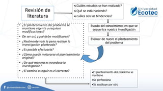 Revisión de
literatura
• ¿El planteamiento del problema se
mantiene vigente o requiere
modificaciones?
• De ser así, ¿qué debe modificarse?
• ¿Realmente vale la pena realizar la
investigación planteada?
• ¿Es posible efectuarla?
• ¿Cómo puede mejorarse el planteamiento
original?
• ¿De qué manera es novedosa la
investigación?
• ¿El camino a seguir es el correcto?
•¿Cuáles estudios se han realizado?
•¿Qué se está haciendo?
•¿cuáles son las tendencias?
Estado del conocimiento en que se
encuentra nuestra investigación
Evaluar de nuevo el planteamiento
del problema
•El planteamiento del problema se
mantiene
•Se perfecciona
•Se sustituye por otro
 