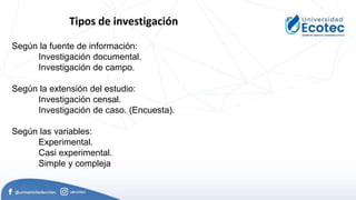 Según la fuente de información:
Investigación documental.
Investigación de campo.
Según la extensión del estudio:
Investigación censal.
Investigación de caso. (Encuesta).
Según las variables:
Experimental.
Casi experimental.
Simple y compleja
Tipos de investigación
 