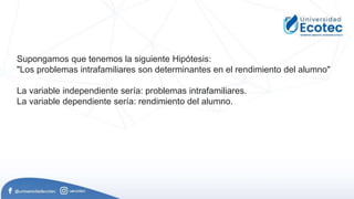 Supongamos que tenemos la siguiente Hipótesis:
"Los problemas intrafamiliares son determinantes en el rendimiento del alumno"
La variable independiente sería: problemas intrafamiliares.
La variable dependiente sería: rendimiento del alumno.
 