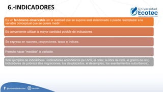 6.-INDICADORES
Es un fenómeno observable en la realidad que se supone está relacionado o puede reemplazar a la
variable conceptual que se quiere medir
Es conveniente utilizar la mayor cantidad posible de indicadores
Se expresa en razones, proporciones, tasas e índices.
Permite hacer “medible” la variable.
Son ejemplos de indicadores: •indicadores económicos (la UVR, el dólar, la libra de café, el gramo de oro).
Indicadores de pobreza (las migraciones, los desplazados, el desempleo, los asentamientos suburbanos).
 
