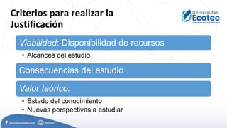Criterios para realizar la
Justificación
Viabilidad: Disponibilidad de recursos
• Alcances del estudio
Consecuencias del estudio
Valor teórico:
• Estado del conocimiento
• Nuevas perspectivas a estudiar
 