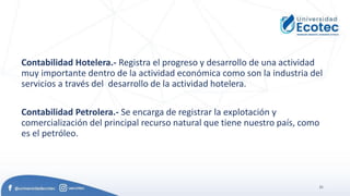 21
Contabilidad Hotelera.- Registra el progreso y desarrollo de una actividad
muy importante dentro de la actividad económica como son la industria del
servicios a través del desarrollo de la actividad hotelera.
Contabilidad Petrolera.- Se encarga de registrar la explotación y
comercialización del principal recurso natural que tiene nuestro país, como
es el petróleo.
 