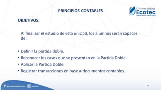 26
PRINCIPIOS CONTABLES
OBJETIVOS:
Al finalizar el estudio de esta unidad, los alumnos serán capaces
de:
• Definir la partida doble.
• Reconocer los casos que se presentan en la Partida Doble.
• Aplicar la Partida Doble.
• Registrar transacciones en base a documentos contables.
 