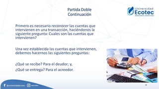 28
Partida Doble
Continuación
Primero es necesario reconocer las cuentas que
intervienen en una transacción, haciéndonos la
siguiente pregunta: Cuales son las cuentas que
intervienen?
Una vez establecida las cuentas que intervienen,
debemos hacernos las siguientes preguntas:
¿Qué se recibe? Para el deudor; y,
¿Qué se entrega? Para el acreedor.
 