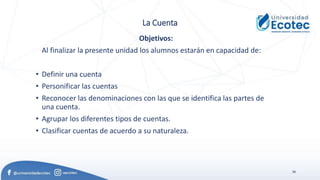 38
La Cuenta
Objetivos:
Al finalizar la presente unidad los alumnos estarán en capacidad de:
• Definir una cuenta
• Personificar las cuentas
• Reconocer las denominaciones con las que se identifica las partes de
una cuenta.
• Agrupar los diferentes tipos de cuentas.
• Clasificar cuentas de acuerdo a su naturaleza.
 