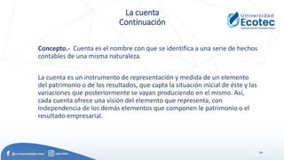 39
La cuenta
Continuación
Concepto.- Cuenta es el nombre con que se identifica a una serie de hechos
contables de una misma naturaleza.
La cuenta es un instrumento de representación y medida de un elemento
del patrimonio o de los resultados, que capta la situación inicial de éste y las
variaciones que posteriormente se vayan produciendo en el mismo. Así,
cada cuenta ofrece una visión del elemento que representa, con
independencia de los demás elementos que componen le patrimonio o el
resultado empresarial.
 