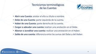 45
Tecnicismos terminológicos
de las Cuentas
• Abrir una Cuenta: anotar el ella su título o nombre.
• Debe de una Cuenta: parte izquierda de la cuenta.
• Haber de una Cuenta: parte derecha de la cuenta.
• Cargar o adeudar una cuenta: realizar una anotación en el Debe.
• Abonar o acreditar una cuenta: realizar una anotación en el Haber.
• Saldo de una cuenta: diferencia entre las sumas del Debe y del Haber.
 