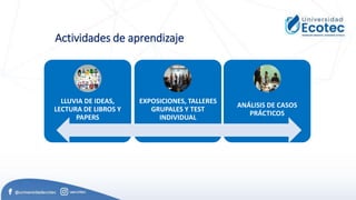 Actividades de aprendizaje
LLUVIA DE IDEAS,
LECTURA DE LIBROS Y
PAPERS
EXPOSICIONES, TALLERES
GRUPALES Y TEST
INDIVIDUAL
ANÁLISIS DE CASOS
PRÁCTICOS
 