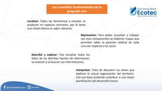 Los cometidos fundamentales de la
geografía son:
Localizar: Todos los fenómenos a estudiar se
producen en espacios concretos, por lo tanto
una misión básica es saber ubicarlos.
Representar: Para poder visualizar y trabajar
con esos componentes se elaboran mapas que
permiten saber la posición relativa de cada
uno con respecto a los otros.
Describir y explicar: Tras recopilar todos los
datos de las distintas fuentes de información,
se analizan y se buscan sus interrelaciones.
Interpretar: Trata de descubrir las claves que
explican la actual organización del territorio.
Con esa base pretende contribuir a una mejor
planificación del desarrollo futuro.
 