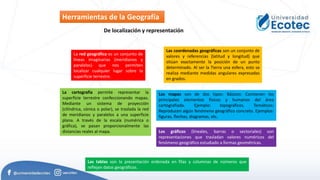 Herramientas de la Geografía
De localización y representación
La red geográfica es un conjunto de
líneas imaginarias (meridianos y
paralelos) que nos permiten
localizar cualquier lugar sobre la
superficie terrestre.
Las coordenadas geográficas son un conjunto de
valores y referencias (latitud y longitud) que
sitúan exactamente la posición de un punto
determinado. Al ser la Tierra una esfera, esto se
realiza mediante medidas angulares expresadas
en grados.
La cartografía permite representar la
superficie terrestre confeccionando mapas.
Mediante un sistema de proyección
(cilíndrica, cónica o polar), se traslada la red
de meridianos y paralelos a una superficie
plana. A través de la escala (numérica o
gráfica), se pasan proporcionalmente las
distancias reales al mapa.
Los mapas son de dos tipos: Básicos: Contienen los
principales elementos físicos y humanos del área
cartografiada. Ejemplo: topográficos. Temáticos:
Reproducen algún fenómeno geográfico concreto. Ejemplos:
figuras, flechas, diagramas, etc.
Los gráficos (lineales, barras o sectoriales) son
representaciones que trasladan valores numéricos del
fenómeno geográfico estudiado a formas geométricas.
Las tablas son la presentación ordenada en filas y columnas de números que
reflejan datos geográficos.
 