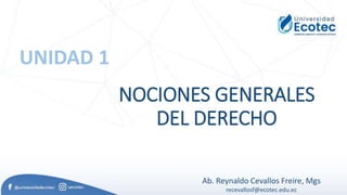 NOCIONES GENERALES
DEL DERECHO
UNIDAD 1
Ab. Reynaldo Cevallos Freire, Mgs
recevallosf@ecotec.edu.ec
 