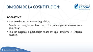 DIVISIÓN DE LA COSNTITUCIÓN:
DOGMÁTICA:
• Una de ellas se denomina dogmática.
• En ella se recogen los derechos y libertades que se reconocen y
garantizan.
• Son los dogmas o postulados sobre los que descansa el sistema
político.
 