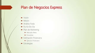 Plan de Negocios Express
 Visión
 Misión
 Análisis Foda
 Fo-Fa-Do-Da
 Plan de Marketing
 Mercado Meta
 Encuestas
 Estimación Financiera
 Ejercicio Financiero
 Estrategias
 