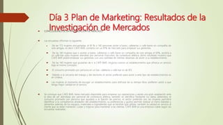 Día 3 Plan de Marketing: Resultados de la
Investigación de Mercados
 CONCLUSIONES DE LA INVESTIGACIÓN DE MERCADO
 Las encuestas informan lo siguiente:
 De las 173 mujeres encuestadas, el 81 % o 140 personas asiste a bares, cafeterías o café-bares en compañía de
solo amigas; es decir CAFÉ-BAR, contaría con un 81% de mercado para empezar sus gestiones.
 De las 140 mujeres que si asisten a bares, cafeterías o café-bares en compañía de solo amigas el 93%, asistiría a
un café-bar para mujeres atendido por personal masculino de contextura atlética; dicho resultado muestra que
CAFÉ-BAR podrá empezar sus gestiones con una cantidad de clientas deseosas de asistir a su establecimiento.
 De las 140 mujeres que gustarían de ir a CAFÉ-BAR, ninguna conoce un establecimiento que ofrezca un servicio
bajo el mismo concepto.
 El consumo promedio por persona en un bar, cafetería o café-bar es de $15.
 Debido a la cercanía del trabajo y del domicilio el sector preferido para asistir a este tipo de establecimientos es
en Urdesa.
 Las mujeres al momento de escoger un establecimiento para disfrutar de su tiempo libre, prefieren asistir a que
tenga mejor calidad en el servicio.
 Se concluye que CAFÉ-BAR, tiene mercado disponible para empezar sus operaciones y existe una gran aceptación ante
la idea de ser atendidas por personal de contextura atlética; también se identifica mediante los datos obtenidos; el
consumo promedio por persona que ayudará a la fijación de precios; el sector preferido por las mujeres permitirá
identificar a la competencia alrededor del establecimiento; su preferencias y gustos permite realizar el menú bebidas y
alimentos además de los equipos, materiales e ingredientes que se tendrán que utilizar, también la calidad en servicio al
cliente que se debe mantener, cuidar y mejorar para mantener a las clientas. CAFÉ-BAR es una empresa viable según las
encuestas realizadas.
 
