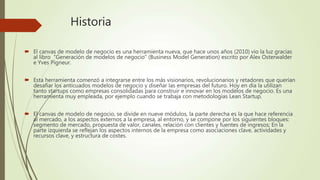 Historia
 El canvas de modelo de negocio es una herramienta nueva, que hace unos años (2010) vio la luz gracias
al libro “Generación de modelos de negocio” (Business Model Generation) escrito por Alex Osterwalder
e Yves Pigneur.
 Esta herramienta comenzó a integrarse entre los más visionarios, revolucionarios y retadores que querían
desafiar los anticuados modelos de negocio y diseñar las empresas del futuro. Hoy en día la utilizan
tanto startups como empresas consolidadas para construir e innovar en los modelos de negocio. Es una
herramienta muy empleada, por ejemplo cuando se trabaja con metodologías Lean Startup.
 El canvas de modelo de negocio, se divide en nueve módulos, la parte derecha es la que hace referencia
al mercado, a los aspectos externos a la empresa, al entorno, y se compone por los siguientes bloques:
segmento de mercado, propuesta de valor, canales, relación con clientes y fuentes de ingresos; En la
parte izquierda se reflejan los aspectos internos de la empresa como asociaciones clave, actividades y
recursos clave, y estructura de costes.
 