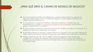 ¿PARA QUÉ SIRVE EL CANVAS DE MODELO DE NEGOCIO?
 Es la herramienta estrella para reflexionar y analizar sobre todos los aspectos (9
bloques) relacionados con un modelo de negocio. Los principales beneficios de
utilizar esta herramienta son:
 Es muy práctico: te permite modificar diferentes aspectos a medida que vas
avanzando en su análisis y testando las hipótesis más arriesgadas que ponen en
juego la viabilidad de tu negocio.
 Es muy intuitivo y divertido: Imprime el canvas de modelo de negocio en tamaño XL y
trabaja con post-its y rotuladores de colores.
 Te permite trabajar en equipo: Cuelga el lienzo en la pared y haz que esté visible para
todos. Retira las mesas y trabaja en grupo de una manera muy interactiva y dinámica.
 Visual: Te permite ver de manera global TODO los aspectos importantes que
configuran tu modelo de negocio. Deja expuesto el lienzo una vez terminado el
análisis, para que todos los miembros tengan clara la visión global de la empresa de
un simple vistazo.
 