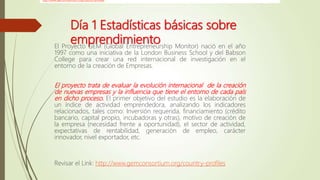 Día 1 Estadísticas básicas sobre
emprendimiento
El Proyecto GEM (Global Entrepreneurship Monitor) nació en el año
1997 como una iniciativa de la London Business School y del Babson
College para crear una red internacional de investigación en el
entorno de la creación de Empresas.
El proyecto trata de evaluar la evolución internacional de la creación
de nuevas empresas y la influencia que tiene el entorno de cada país
en dicho proceso. El primer objetivo del estudio es la elaboración de
un índice de actividad emprendedora, analizando los indicadores
relacionados, tales como: Inversión requerida, financiamiento (crédito
bancario, capital propio, incubadoras y otras), motivo de creación de
la empresa (necesidad frente a oportunidad), el sector de actividad,
expectativas de rentabilidad, generación de empleo, carácter
innovador, nivel exportador, etc.
Revisar el Link: http://www.gemconsortium.org/country-profiles
http://www.gemconsortium.org/country-profiles
 