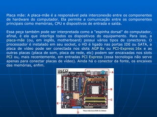 Placa mãe: A placa-mãe é a responsável pela interconexão entre os componentes de hardware do computador. Ela permite a comunicação entre os componentes principais como memórias, CPU e dispositivos de entrada e saída. Essa peça também pode ser interpretada como a "espinha dorsal" do computador, afinal, é ela que interliga todos os dispositivos do equipamento. Para isso, a  placa-mãe  (ou, em inglês, motherboard) possui vários tipos de conectores. O processador é instalado em seu socket, o HD é ligado nas portas IDE ou SATA, a placa de vídeo pode ser conectada nos slots  AGP 8x  ou  PCI-Express 16x  e as outras placas (placa de som, placa de rede, etc) podem ser encaixadas nos slots  PCI  ou, mais recentemente, em entradas  PCI Express  (essa tecnologia não serve apenas para conectar placas de vídeo). Ainda há o conector da fonte, os encaixes das memórias, enfim.  