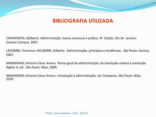 Profa. Lúcia Helena - TGA - 2015-2
BIBLIOGRAFIA UTILIZADA
CHIAVENATO, Idalberto. Administração: teoria, processo e prática. 4ª. Edição. Rio de Janeiro;
Elsevier Campus, 2007.
LACOMBE, Francisco; HEILBORN, Gilberto. Administração: princípios e tendências. São Paulo: Saraiva,
2007.
MAXIMIANO, Antonio César Amaru. Teoria geral da administração: da revolução urbana à revolução
digital. 6. ed. São Paulo: Atlas, 2009.
MAXIMIANO, Antonio César Amaru. Introdução à administração. ed. Compacta. São Paulo: Atlas,
2010.
 