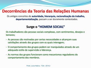 Profa. Lúcia Helena - TGA - 2015-2
Surge o “HOMEM SOCIAL”
Os trabalhadores são pessoas sociais complexas, com sentimentos, desejos e
temores;
- As pessoas são motivadas por certas necessidades e alcançam suas
satisfações através dos grupos com os quais interagem;
- O comportamento dos grupos podem ser manipulados através de um
adequado estilo de supervisão e liderança.
- As normas dos grupos funcionam como mecanismos reguladores do
comportamento dos membros.
Decorrências da Teoria das Relações Humanas
Os antigos conceitos de autoridade, hierarquia, racionalização do trabalho,
departamentalização, passam a ser duramente contestados.
 