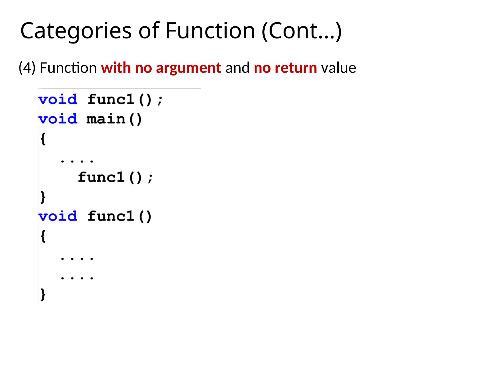 Categories of Function (Cont…)
(4) Function with no argument and no return value
 