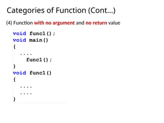 Categories of Function (Cont…)
(4) Function with no argument and no return value
 