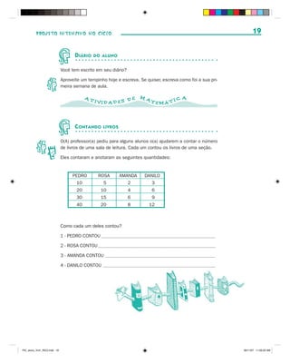 PROJETO INTENSIVO NO CICLO                                                                                            19


                                     D IÁRIO    DO ALUNO


                              Você tem escrito em seu diário?

                              Aproveite um tempinho hoje e escreva. Se quiser, escreva como foi a sua pri-
                              meira semana de aula.

                                           AT                             MA                       A
                                                IVID AD ES D E                  TEMÁ T I C




                                     C ONTANDO       LIVROS


                              O(A) professor(a) pediu para alguns alunos o(a) ajudarem a contar o número
                              de livros de uma sala de leitura. Cada um contou os livros de uma seção.

                              Eles contaram e anotaram as seguintes quantidades:


                                    PEDRO         ROSA        AMANDA         DANILO
                                      10             5             2             3
                                      20            10             4             6
                                      30            15             6             9
                                      40            20             8           12



                              Como cada um deles contou?

                              1 - PEDRO CONTOU ___________________________________________________________________

                              2 - ROSA CONTOU _____________________________________________________________________

                              3 - AMANDA CONTOU _________________________________________________________________

                              4 - DANILO CONTOU      __________________________________________________________________




PIC_aluno_Vol1_RIC2.indd 19                                                                                               30/11/07 11:00:20 AM
 