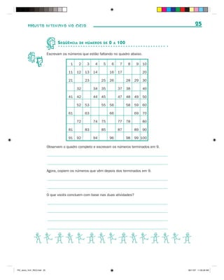 PROJETO INTENSIVO NO CICLO                                                                    25


                                    S EQÜÊNCIA   DE NÚMEROS DE      0   A   100

                              Escrevam os números que estão faltando no quadro abaixo.

                                            1    2    3    4    5       6    7     8    9   10

                                          11    12   13   14        16      17              20

                                          21         23        25   26            28   29   30

                                                32        34   35           37    38        40

                                          41    42        44   45           47    48   49   50

                                                52   53        55   56            58   59   60

                                          61         63             66                 69   70

                                                72        74   75           77    78        80

                                          81         83        85           87         89   90

                                          91    92        94        96            98   99 100

                              Observem o quadro completo e escrevam os números terminados em 9.




                              Agora, copiem os números que vêm depois dos terminados em 9.




                              O que vocês concluem com base nas duas atividades?




               BCDBCDBCDBCDBCD

PIC_aluno_Vol1_RIC2.indd 25                                                                       30/11/07 11:00:26 AM
 