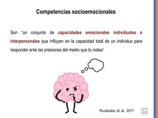 Competencias socioemocionales
Son “un conjunto de capacidades emocionales individuales e
interpersonales que influyen en la capacidad total de un individuo para
responder ante las presiones del medio que lo rodea”
Ruvalcaba, et. al., 2017
 