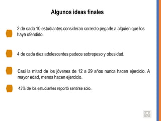 Algunos ideas finales
4 de cada diez adolescentes padece sobrepeso y obesidad.
Casi la mitad de los jóvenes de 12 a 29 años nunca hacen ejercicio. A
mayor edad, menos hacen ejercicio.
2 de cada 10 estudiantes consideran correcto pegarle a alguien que los
haya ofendido.
43% de los estudiantes reportó sentirse solo.
 
