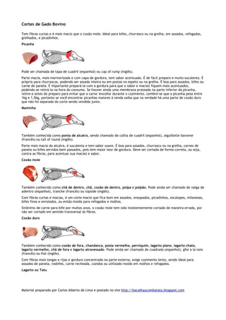 Cortes de Gado Bovino

Tem fibras curtas e é mais macio que o coxão mole. Ideal para bifes, churrasco ou na grelha, em assados, refogados,
grelhados, e picadinhos.
Picanha




Pode ser chamada de tapa de cuadril (espanhol) ou cap of rump (inglês).
Parte macia, mais marmorizada e com capa de gordura, tem sabor acentuado. É de fácil preparo e muito suculenta. É
própria para churrascos, podendo ser assada inteira ou em postas no espeto ou na grelha. É boa para assados, bifes ou
carne de panela. É importante prepará-la com a gordura para que o sabor e maciez fiquem mais acentuados,
podendo-se retirá-la na hora do consumo. Se houver ainda uma membrana prateada na parte inferior da picanha,
retire-a antes do preparo para evitar que a carne 'encolha' durante o cozimento. Lembre-se que a picanha pesa entre
1kg e 1,5kg, portanto se você encontrar picanhas maiores à venda saiba que na verdade há uma parte de coxão duro
que não foi separada do corte sendo vendida junto.
Maminha




Também conhecida como ponta de alcatra, sendo chamado de colita de cuadril (espanhol), aiguillette baronne
(francês) ou tail of round (inglês).
Parte mais macia da alcatra, é suculenta e tem sabor suave. É boa para assados, churrasco ou na grelha, carnes de
panela ou bifes servidos bem passados, pois tem maior teor de gordura. Deve ser cortada de forma correta, ou seja,
contra as fibras, para acentuar sua maciez e sabor.
Coxão mole




Também conhecido como chã de dentro, chã, coxão de dentro, polpa e polpão. Pode ainda ser chamado de nalga de
adentro (espanhol), tranche (francês) ou topside (inglês).
Com fibras curtas e macias, é um corte macio que fica bom em assados, ensopados, picadinhos, escalopes, milanesas,
bifes finos e enrolados, ou então moída para refogados e molhos.
Sinônimo de carne para bife por muitos anos, o coxão mole tem sido insistentemente cortado de maneira errada, por
não ser cortado em sentido transversal às fibras.
Coxão duro




Também conhecido como coxão de fora, chandanca, posta vermelha, perniquim, lagarto plano, lagarto chato,
lagarto vermelho, chã de fora e lagarto atravessado. Pode ainda ser chamado de cuadrada (espanhol), gîte a la noix
(francês) ou flat (inglês).
Com fibras mais longas e rijas e gordura concentrada na parte externa, exige cozimento lento, sendo ideal para
assados de panela, rosbifes, carne recheada, cozidos ou utilizado moído em molhos e refogados.
Lagarto ou Tatu




Material preparado por Carlos Alberto de Lima e postado no site http://bacalhaucombatata.blogspot.com
 