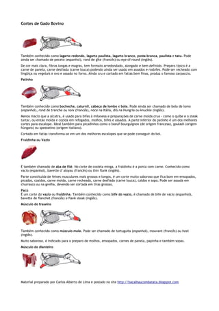 Cortes de Gado Bovino




Também conhecido como lagarto redondo, lagarto paulista, lagarto branco, posta branca, paulista e tatu. Pode
ainda ser chamado de peceto (espanhol), rond de gîte (francês) ou eye of round (inglês).
De cor mais clara, fibras longas e magras, tem formato arredondado, alongado e bem definido. Preparo típico é a
carne de panela, carne desfiada (carne louca) podendo ainda ser usado em assados e rosbifes. Pode ser recheado com
lingüiça ou vegetais e ovo e assado no forno. Ainda cru e cortado em fatias bem finas, produz o famoso carpaccio.
Patinho




Também conhecido como bochecha, caturnil, cabeça de lombo e bola. Pode ainda ser chamado de bola de lomo
(espanhol), rond de tranche ou noix (francês), noce na Itália, dió na Hungria ou knuckle (inglês).
Menos macio que a alcatra, é usado para bifes à milanesa e preparações de carne moída crua - como o quibe e o steak
tartar, ou então moída e cozida em refogados, molhos, bifes e assados. A parte inferior do patinho é um dos melhores
cortes para escalope. Ideal também para picadinhos como o boeuf bourguignon (de origem francesa), goulash (origem
húngara) ou spezzatino (origem italiana).
Cortado em fatias transforma-se em um dos melhores escalopes que se pode conseguir do boi.
Fraldinha ou Vazio




É também chamado de aba de filé. No corte de costela minga, a fraldinha é a ponta com carne. Conhecido como
vacio (espanhol), bavette d´aloyau (francês) ou thin flank (inglês).
Parte constituída de feixes musculares mais grossos e longos, é um corte muito saboroso que fica bom em ensopados,
picados, cozidos, carne moída, carne recheada, carne desfiada (carne louca), caldos e sopa. Pode ser assada em
churrasco ou na grelha, devendo ser cortada em tiras grossas.
Pacú
É um corte do vazio ou fraldinha. Também conhecido como bife do vazio, é chamado de bife de vacio (espanhol),
bavette de flanchet (francês) e flank steak (inglês).
Músculo do traseiro




Também conhecido como músculo mole. Pode ser chamado de tortuguita (espanhol), mouvant (francês) ou heel
(inglês).
Muito saboroso, é indicado para o preparo de molhos, ensopados, carnes de panela, papinha e também sopas.
Músculo do dianteiro




Material preparado por Carlos Alberto de Lima e postado no site http://bacalhaucombatata.blogspot.com
 