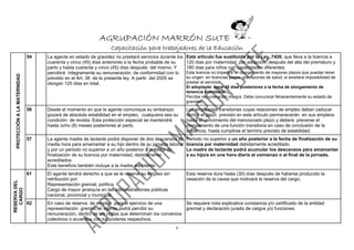 AGRUPACIÓN MARRÓN SUTEAGRUPACIÓN MARRÓN SUTEAGRUPACIÓN MARRÓN SUTEAGRUPACIÓN MARRÓN SUTE
Capacitación para trabajadores de la EducaciónCapacitación para trabajadores de la EducaciónCapacitación para trabajadores de la EducaciónCapacitación para trabajadores de la Educación
9
PROTECCIÓNALAMATERNIDAD
54 La agente en estado de gravidez no prestará servicios durante los
cuarenta y cinco (45) días anteriores a la fecha probable de su
parto y hasta cuarenta y cinco (45) días después del mismo. Y
percibirá íntegramente su remuneración, de conformidad con lo
previsto en el Art. 38 de la presente ley. A partir del 2005 se
otorgan 120 días en total.
Este artículo fue sustituido por la Ley .7426, que lleva a la licencia a
120 días por maternidad, por adopción, después del alta del prematuro y
180 días para niños con capacidades diferentes.
Esta licencia no impedirá el otorgamiento de mayores plazos que puedan tener
su origen en licencias pagas por razones de salud, si existiera imposibilidad de
prestar el servicio.
El adoptante tiene 45 días posteriores a la fecha de otorgamiento de
tenencia provisoria.
Percibe remuneración integra. Debe comunicar fehacientemente su estado de
gravidez.
56 Desde el momento en que la agente comunique su embarazo
gozará de absoluta estabilidad en el empleo, cualquiera sea su
condición de revista. Esta protección especial se mantendrá
hasta ocho (8) meses posteriores al parto.
Las empleadas transitorias cuyas relaciones de empleo deban caducar
dentro el plazo previsto en este artículo permanecerán en sus empleos
hasta el vencimiento del mencionado plazo y deberá preverse el
otorgamiento de una función transitoria en caso de conclusión de la
suplencia, hasta cumplirse el termino previsto de estabilidad.
57 La agente madre de lactante podrá disponer de dos descansos de
media hora para amamantar a su hijo dentro de su jornada laboral
y por un periodo no superior a un año posterior a la fecha de
finalización de su licencia por maternidad, debidamente
acreditados
Este beneficio también incluye a la madre adoptante.
Periodo no superior a un año posterior a la fecha de finalización de su
licencia por maternidad debidamente acreditado.
La madre de lactante podrá acumular los descansos para amamantar
a su hijo/a en una hora diaria al comienzo o al final de la jornada.
RESERVADEL
CARGO
61 El agente tendrá derecho a que se le reserve su empleo sin
retribución por:
Representación gremial, política.
Cargo de mayor jerarquía en las administraciones públicas
nacional, provincial y municipal.
Esta reserva dura hasta (30) días después de haberse producido la
cesación de la causa que motivará la reserva del cargo.
62 En caso de reserva de empleo para el ejercicio de una
representación gremial, el agente podrá percibir su
remuneración, dentro de las reglas que determinan los convenios
colectivos o acuerdos con los poderes respectivos.
Se requiere nota explicativa constancia y/o certificado de la entidad
gremial y declaración jurada de cargos y/o funciones.
 