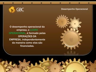 Desempenho Operacional




O desempenho operacional da
     empresa, o LUCRO
OPERACIONAL, é formado pelas
      OPERAÇÕES DA
EMPRESA, independentemente
  da maneira como elas são
        financiadas.
 