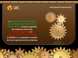 Desempenho Operacional




  O EBTIDA, (EARNING BEFORE
TAX, INTEREST,DEPRECIATION,A
MORTIZATION) mede os ganhos
     da empresa antes dos
     IMPOSTOS, JUROS e a
 DEPRECIAÇÃO/AMORTIZAÇÃO.
O EBTIDA é a verdadeira medida
do lucro operacional da empresa
 